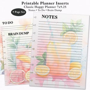 Citrus Drink Botanical Planner Inserts Printable PDF for Classic Happy Planner Notes To Do List Brain Dump A4 US Letter