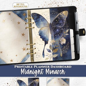 Può includere: Un set di dashboard per agenda ad anelli intitolato Midnight Monarch di Everpage. Il design presenta una farfalla blu e oro, motivi di stelle celesti ed elementi floreali su sfondo crema, con un meccanismo ad anelli in metallo e una penna.