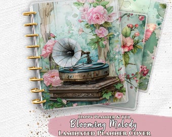 Laminierte Planerhülle Set | Happy Planner und TUL | Vintage Blumengrammophon, rosa Schmetterlingsgarten | Notizbuch mit Spiralbindung
