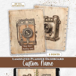 May include: Laminated planner dashboard featuring vintage camera illustrations on a sepia-toned, textured background. Text includes Everpage, HP TUL RINGBOUND, 3 FONTS, LAMINATED PLANNER DASHBOARD, Custom Name, Mary Anne's Monthly Goals, and Your Wording Here.