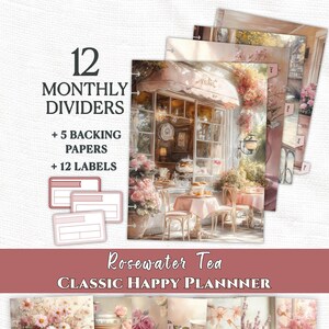 May include: A planner set with the text "Everpage" and "Rosewater Tea Classic Happy Plannner". The set includes 12 monthly dividers, 5 backing papers, and 12 labels. The dividers feature watercolor illustrations of a cafe and tea settings.