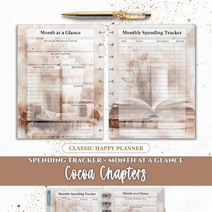 Könnte beinhalten: Ein Planer-Einlagenset mit einer Month at a Glance-Seite und einer Monthly Spending Tracker-Seite im braunen Aquarell-Design. Die Seiten enthalten Abschnitte für finanzielle Schwerpunkte, Ziele und Termine, mit einem goldenen Stift darüber.