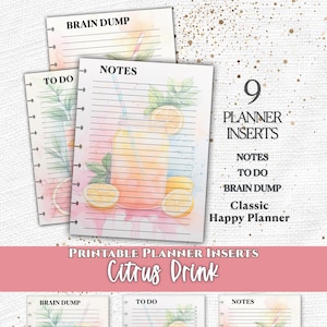 May include: A set of nine printable planner inserts featuring citrus drink watercolor illustrations. The pages include sections labeled Notes, To Do, and Brain Dump with lined paper and punch holes for a classic happy planner system.