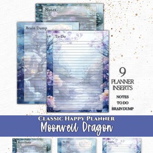 May include: A set of 9 planner inserts titled Moonveil Dragon for a Classic Happy Planner. The pages feature blue and purple fantasy landscapes with trees, flowers, and a full moon. Each sheet includes headers for Notes, To Do, or Brain Dump.
