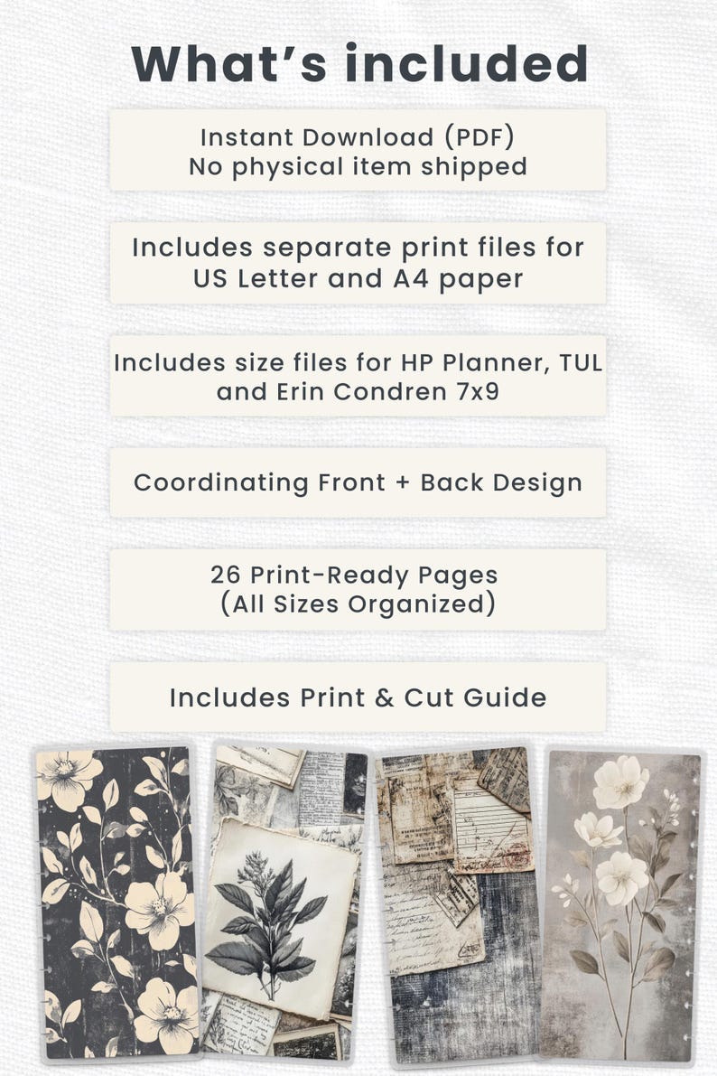 Vintage Botanical Planner Cover Printable PDF for Happy Planner TUL Erin Condren 7x9 A4 US Letter Instant Download image 3