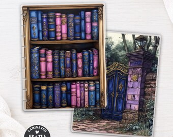 May include: Two rectangular laminated planner dashboards featuring illustrations. One shows a wooden bookshelf filled with blue and pink antique-style books. The other depicts a blue ornate gate with gold accents set in a stone wall with a lantern.