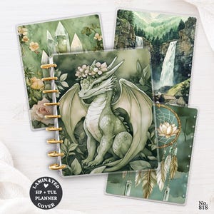 May include: A set of three laminated HP and TUL planner covers featuring green-toned illustrations. One cover displays a dragon with a flower crown, another shows a waterfall in a forest, and the third depicts crystals, roses, and a dreamcatcher.