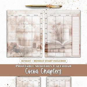 Könnte beinhalten: Ein druckbarer Monatskalender mit dem Titel Cocoa Chapters in braunen und beigen Aquarelltönen. Die Seiten zeigen Illustrationen eines Getränks mit Schlagsahne, Schokoladenstücken und einem offenen Buch. Enthält Optionen für Sonntag- und Montagstart.