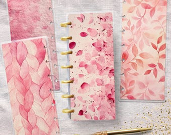 Pink Pattern Floral Disc Bound Cover, Skinny Mini Happy Planner Cover, Laminated Cover Bundle, Planner Supplies Accessory, Stationary Design