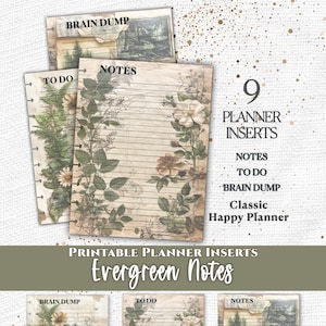 Evergreen Notes Planner Inserts Printable PDF for Classic Happy Planner Notes To Do List Brain Dump A4 US Letter