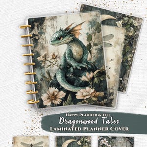 May include: Laminated planner cover with a teal dragon illustration and floral details. The cover has gold spiral binding and the text "Dragonwood Tales." Additional designs with a dragonfly, moon, and lantern are also shown. The planner is for Happy Planner & TUL.
