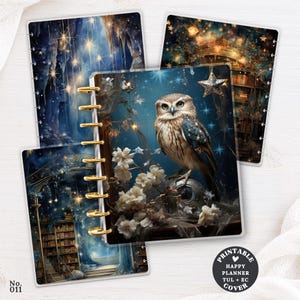 May include: A set of three disc-bound planner covers featuring fantasy-themed illustrations of an owl, a library, and a starry cave. The covers are held together by gold-coloured discs and include a circular label that reads PRINTABLE HAPPY PLANNER TUL + EC COVER.