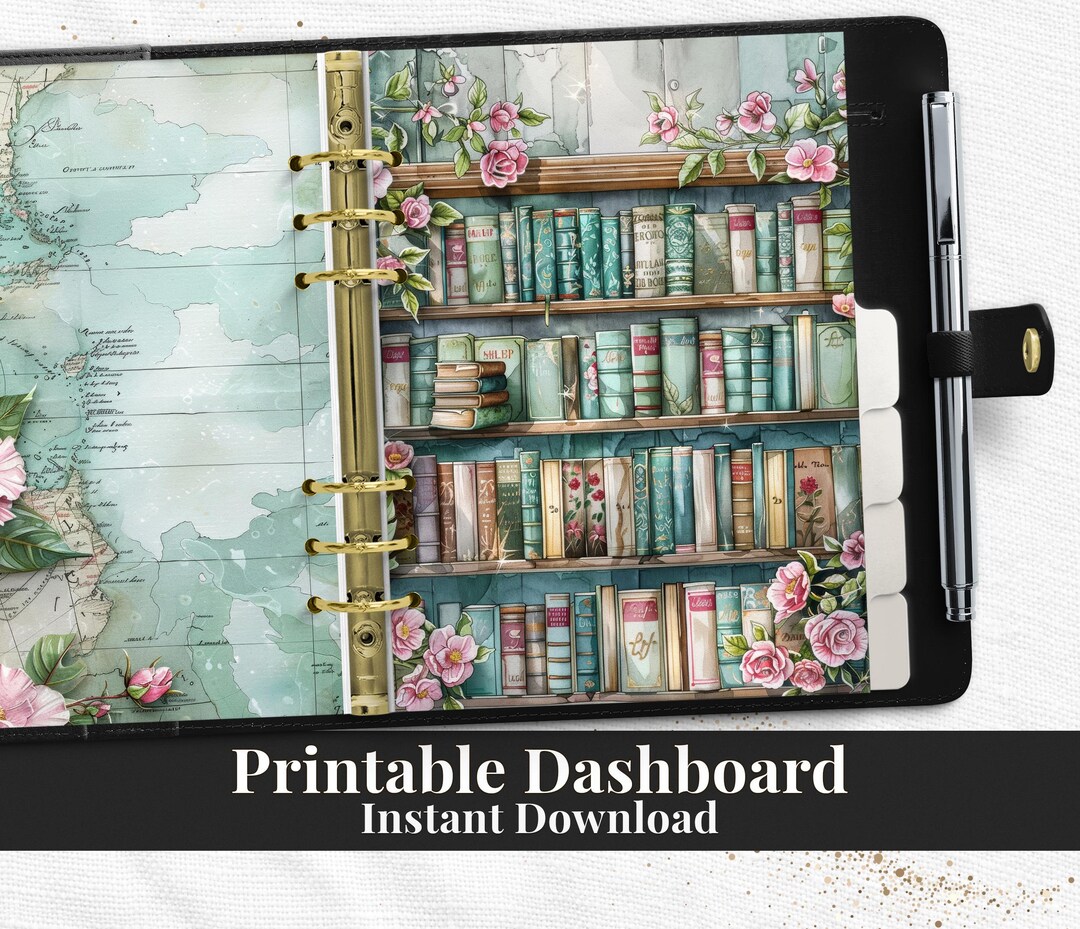 Floral Vintage Bookshelf Printable Planner Dashboard PDF in Happy ...