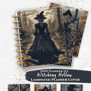 Laminated Planner Cover Set | Happy Planner and TUL | Witch Forest Walk, Cauldron Fire Scene | Disc Bound Notebook