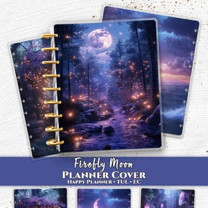 K&ouml;nnte beinhalten: Ein Planer-Cover mit einer vertr&auml;umten Waldszene unter einem Vollmond, mit einem Fluss, der durch die B&auml;ume flie&szlig;t. Das Cover hat eine goldene Spiralbindung und den Text "Firefly Moon Planner Cover". Der Markenname "Everpage" ist ebenfalls sichtbar.