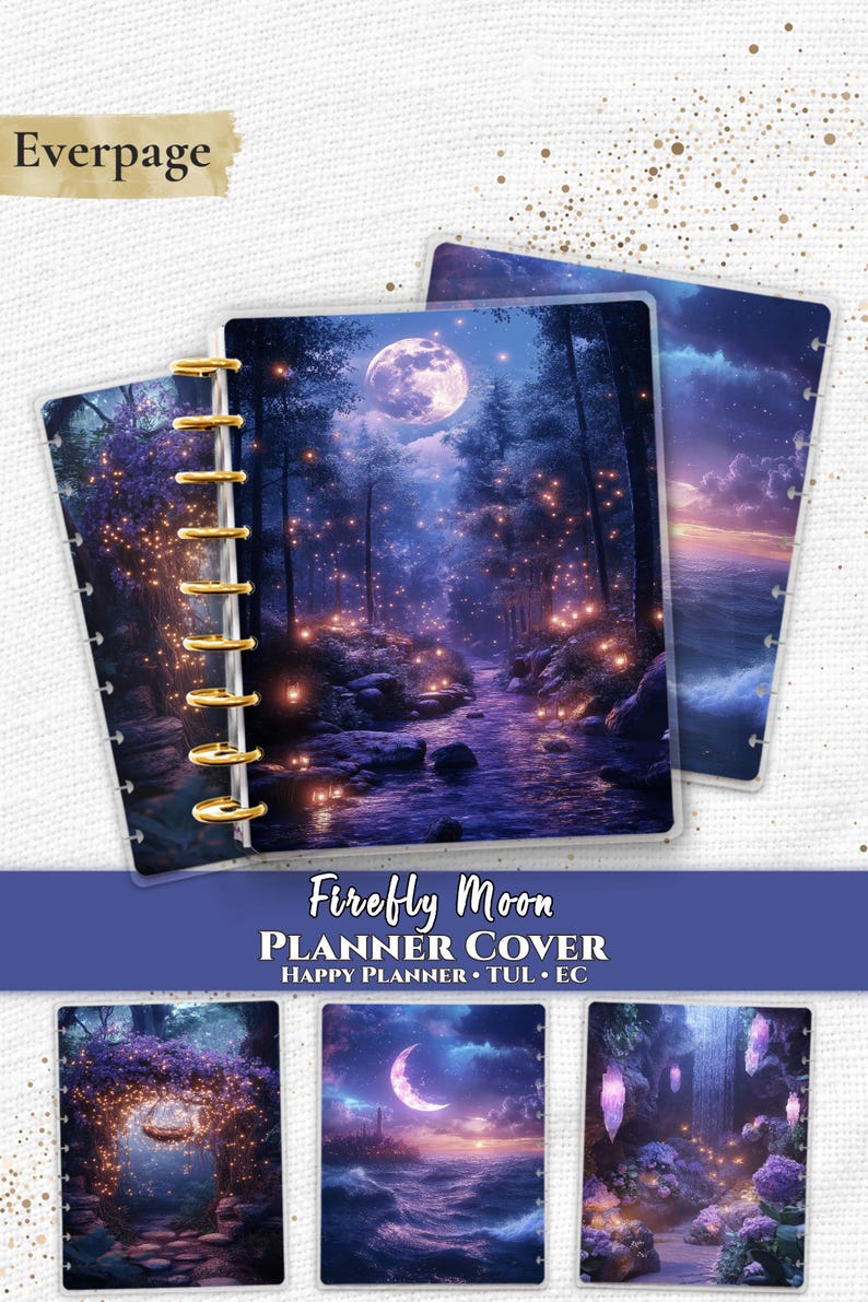 K&ouml;nnte beinhalten: Ein Planer-Cover mit einer vertr&auml;umten Waldszene unter einem Vollmond, mit einem Fluss, der durch die B&auml;ume flie&szlig;t. Das Cover hat eine goldene Spiralbindung und den Text "Firefly Moon Planner Cover". Der Markenname "Everpage" ist ebenfalls sichtbar.