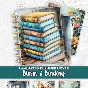 Peut inclure: Un ensemble de couvertures de planificateur laminées intitulé Everpage, HP TUL et Bloom & Binding. Les couvertures présentent des illustrations d'une pile de livres, d'une porte bleue avec des marches carrelées, de papillons et de fleurs colorées.