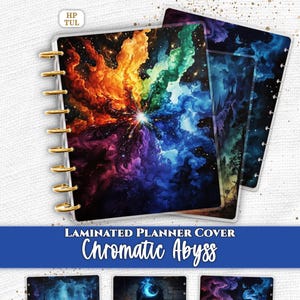 May include: A set of laminated planner covers featuring the text Everpage and HPTUL. The designs display vibrant cosmic nebula clouds in rainbow colors, dark gothic landscapes with spires, and stone archways with blue moons and fire torches.