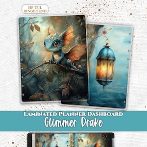 May include: Two laminated planner dashboards featuring a blue dragon perched on a branch and a glowing lantern. The text reads Everpage, HP TUL RINGBOUND, LAMINATED PLANNER DASHBOARD, and Glimmer Drake. A black ringbound planner displays the same artwork.