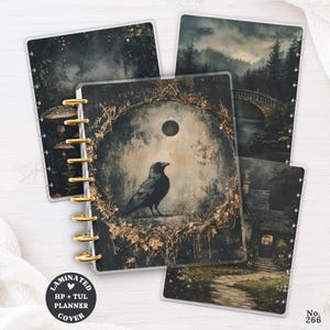 May include: A set of laminated HP and TUL planner covers featuring dark, atmospheric illustrations. The front cover displays a black raven inside a golden wreath under a dark moon. Other covers show a forest with mushrooms, a stone bridge, and a cottage.