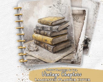 Laminierte Planerhülle Set | Happy Planner und TUL | Vintage Bücher Stapel, Botanische Papier Kunst | Disk gebundenes Notizbuch