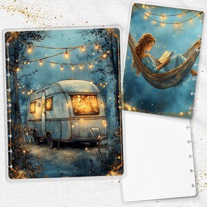 May include: Two planner inserts with a dreamy, illustrated theme. One shows a vintage camper in a forest with string lights. The other depicts a person reading in a hammock under a starry sky. Both have a blue and gold color scheme.