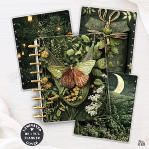 May include: A set of three disc-bound planner covers featuring dark green botanical themes. One cover displays a butterfly in a hammock, another shows a gift wrapped in green fabric, and the third depicts a forest with hanging lanterns and a crescent moon.
