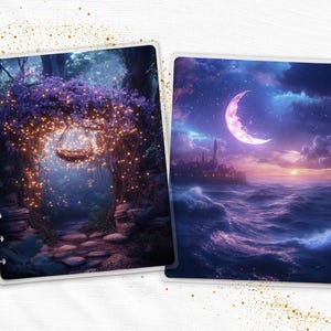K&ouml;nnte beinhalten: Zwei Planer-Cover mit Fantasy-Kunst. Eines zeigt eine Waldszene mit einem leuchtenden Torbogen und Lichterketten. Das andere zeigt eine Meereslandschaft mit einem Halbmond, einer Skyline und Wellen.