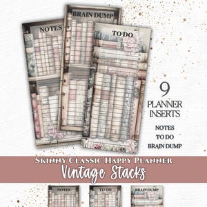 May include: Nine skinny classic Happy Planner inserts featuring a vintage book stack design. The pages include sections labeled NOTES, TO DO, and BRAIN DUMP with lined spaces for writing. The aesthetic includes soft floral accents and muted tones.