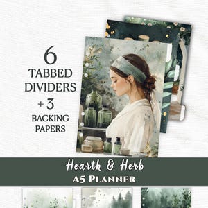 May include: A set of 6 tabbed dividers and 3 backing papers for an A5 planner titled Hearth & Herb. The designs feature watercolor illustrations of a person with green bottles, white flowers in teacups, a black crow, and lit candles in green tones.