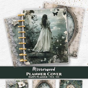 May include: A set of translucent planner covers featuring the text Everpage and Mirrorwood Planner Cover Happy Planner TUL EC. The designs include a person in a long dress in a garden, white flowers, an ornate oval frame, and a vintage clock.