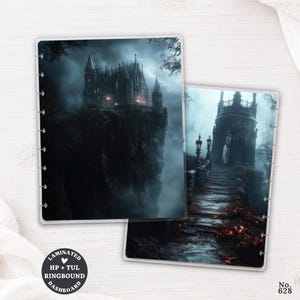 May include: Two laminated ringbound planner dashboards featuring dark, atmospheric imagery. One shows a castle on a cliffside, the other a stone bridge leading to a structure. Both have side punch holes for binding and a circular logo.