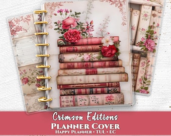 Romantic Rose Books Discbound Printable Planner Covers PDF for Happy Planner TUL Erin Condren 7x9 Front & Back Set Instant Download