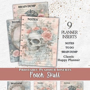 May include: A set of nine printable planner inserts featuring a peach and blue color palette with skull, rose, and clock illustrations. The pages include headers for Notes, To Do, and Brain Dump, designed for a Classic Happy Planner system.