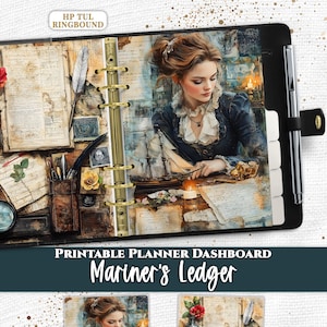 May include: A ringbound planner dashboard titled Mariner's Ledger featuring a vintage-style illustration of a person at a desk with a model ship, quill, and documents. The planner includes gold rings, a silver pen, and two separate dashboard inserts.