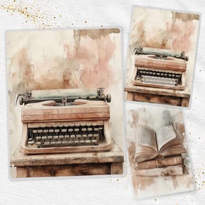 May include: Watercolor illustrations of vintage typewriters and books. The typewriters are brown and beige, with black keys and silver accents. The books are open, with aged pages and brown covers. The background has a soft, watercolor effect.