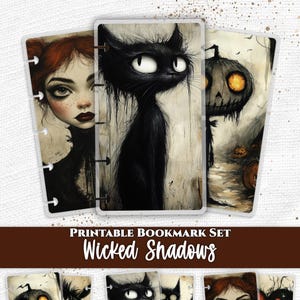 Könnte beinhalten: Ein druckbares Lesezeichen-Set mit dem Titel Wicked Shadows von Everpage, bestehend aus rechteckigen Karten mit Illustrationen einer Person mit roten Haaren, einer schwarzen Katze und einer Kürbiskopf-Figur mit seitlichen Lochungen.