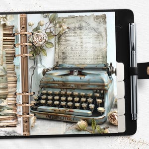 Divisórias para Planner com Tema de Máquina de Escrever em PDF para Download Digital e Impressão, Compatíveis com Happy Planner nos formatos A5, A6, Pocket Planner, TUL, US Letter e A4.