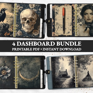 May include: A four-piece dashboard bundle with gothic-themed designs. Each dashboard features a different image, including a raven, skull, woman, and a forest scene. The dashboards are held together by a black binder with gold-colored rings. The text "4 DASHBOARD BUNDLE PRINTABLE PDF • INSTANT DOWNLOAD" is displayed.