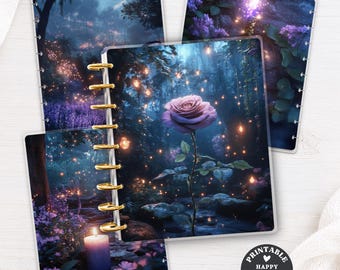 May include: A set of three disc-bound planner covers featuring a dark, enchanted forest theme with glowing fairy lights, purple flowers, and a central rose. The covers are held together by gold-colored plastic discs and include the text No. 016.
