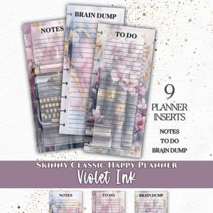 May include: A set of nine skinny classic Happy Planner inserts titled Violet Ink, featuring watercolor designs of typewriters, books, and floral patterns. The pages include sections labeled Notes, To Do, and Brain Dump with lined layouts.