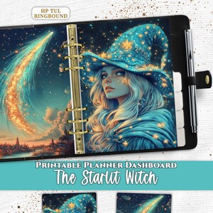 Separador de panel de agenda con retrato de Bruja Celestial en formato PDF, descarga digital imprimible para Happy Planner A5, A6, Pocket, TUL, US Letter y A4.