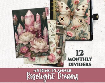 Roselight Dreams Monthly Planner Dashboard Dividers | 12 Tab Printable A5 Planner Insert | Digital Download