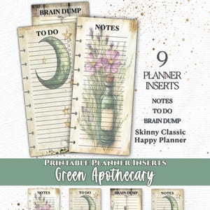 Green Apothecary Planner Inserts Printable PDF for Skinny Classic Happy Planner Notes To Do List Brain Dump A4 US Letter