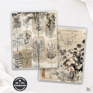 May include: Two rectangular laminated planner dashboards featuring vintage-style botanical illustrations. One displays various tree and plant sketches on paper tags, while the other shows a detailed floral bouquet and line drawings on lined paper.
