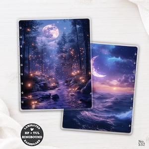 May include: Two rectangular laminated ringbound dashboard inserts. One features a dark forest scene with a full moon and glowing lights over a stream. The other shows a crescent moon over a dark ocean at twilight. Text reads LAMINATED HP + TUL RINGBOUND DASHBOARD No. 532.