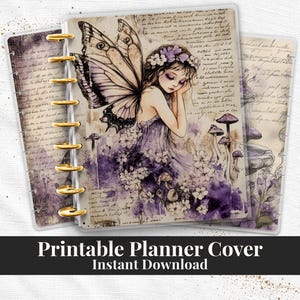 Portada para agenda con diseño de hongo hada púrpura (PDF imprimible) para Happy Planner TUL Erin Condren, tamaño 7x9 A4 Carta (EE. UU.)