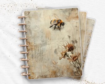 Juego de cubiertas laminadas para agenda / Encuadernado con disco / Happy Planner y TUL / Vintage Botanical Bee Wildflower
