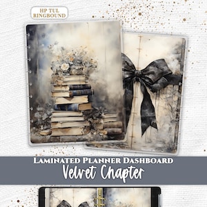 May include: Two laminated planner dashboards labelled Everpage and HP TUL RINGBOUND. One dashboard features a stack of books with flowers, the other a large black bow. The text reads LAMINATED PLANNER DASHBOARD Velvet Chapter on the bottom.