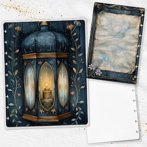 May include: A planner set featuring a blue lantern design with a warm, glowing light. The lantern is surrounded by floral accents on a dark blue background. Includes a lined page with a vintage map design and a blank page.
